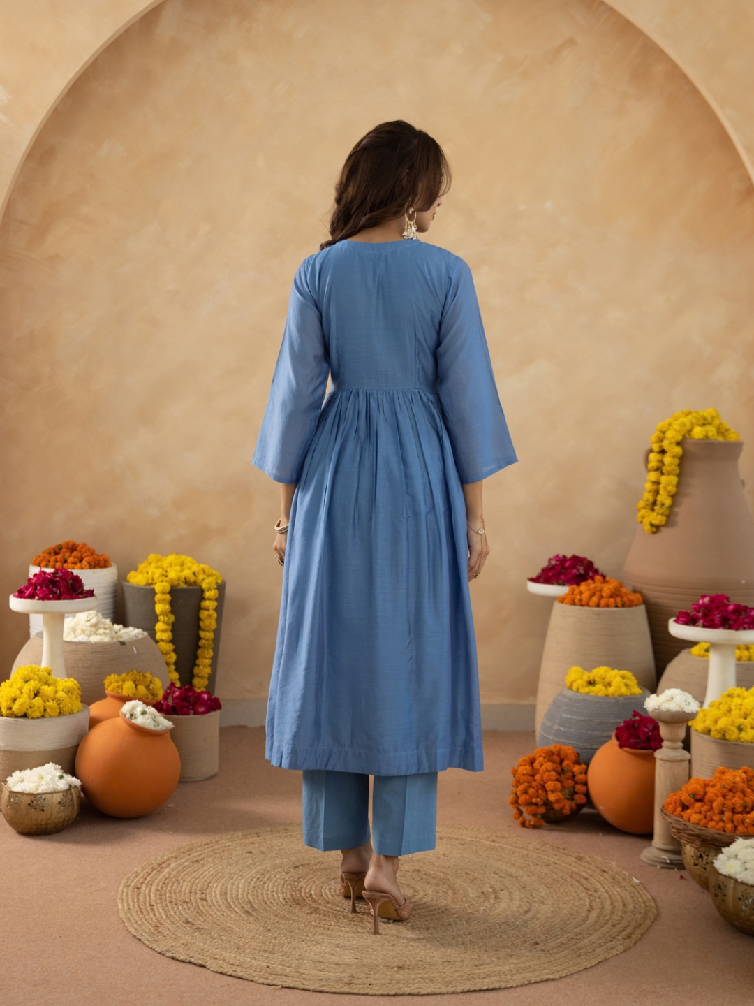 Dusty Blue Chanderi Zari Embroidered Gathered  Kurta Set