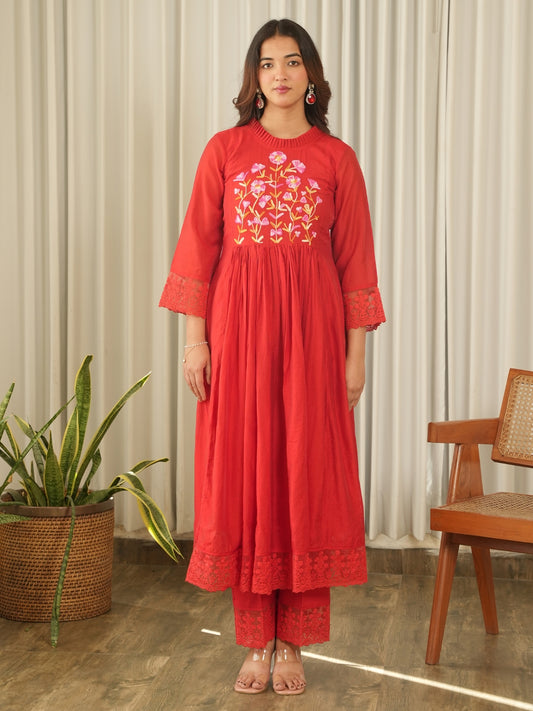 Crimson Red Aari Embroidered Chanderi Suit Set