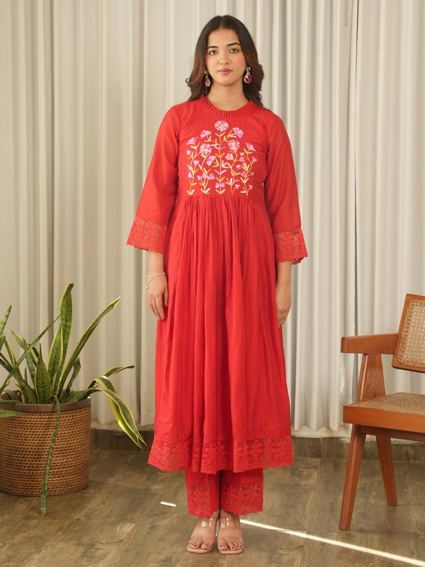 Crimson Red Aari Embroidered Chanderi Suit Set