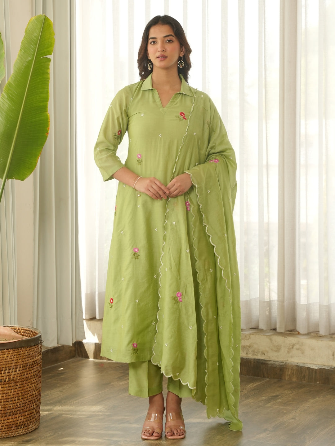 Pistachio Green Embroidered Chanderi Kurta Set with Pants & Dupatta