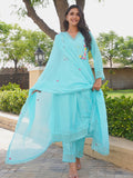 Aqua Blue Floral Handwork Chanderi Kurta Set