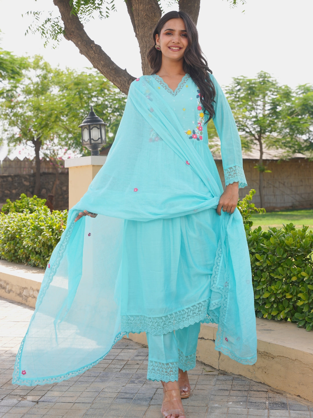 Aqua Blue Floral Handwork Chanderi Kurta Set