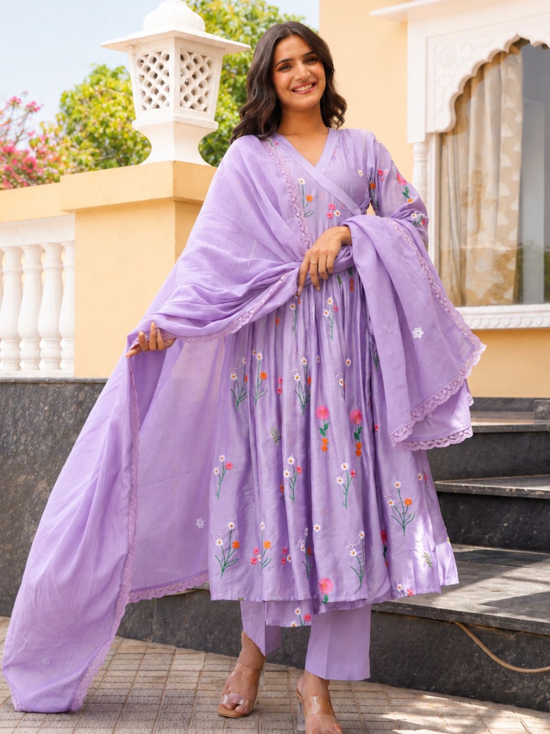 Lavender Daisy Chanderi Angrakha Kurta Set