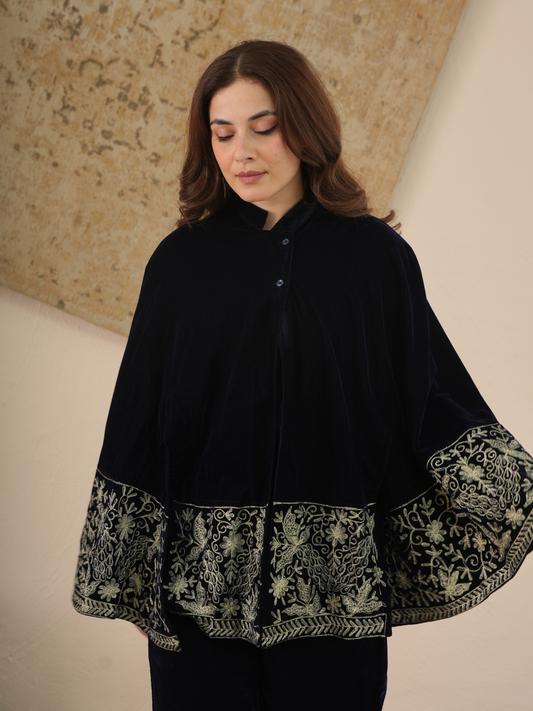 Hayat Midnight Blue Velvet Co-ord Set with Embroidered Cape