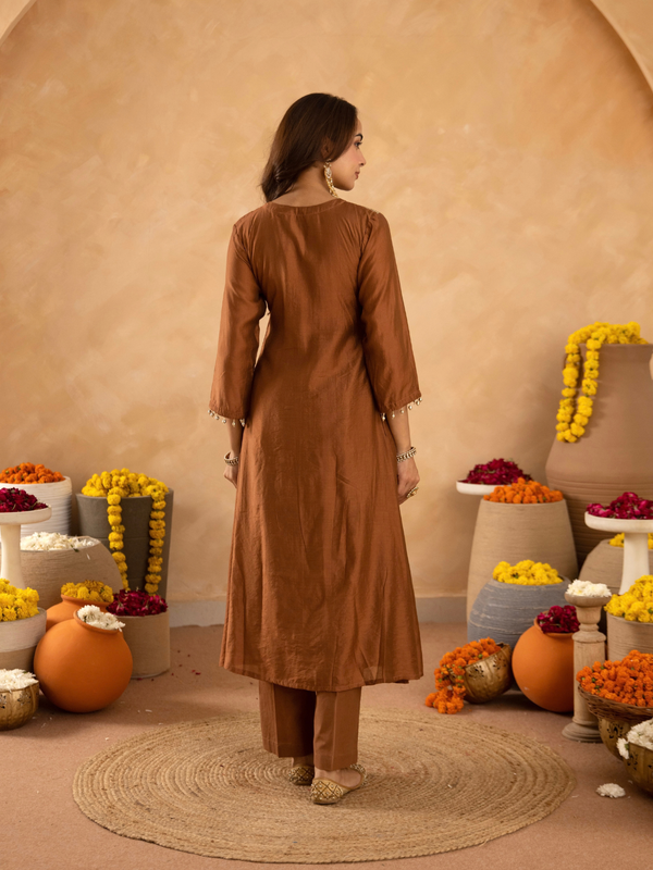 Brown Chanderi Aari & Handwork Gathered Kurta Set