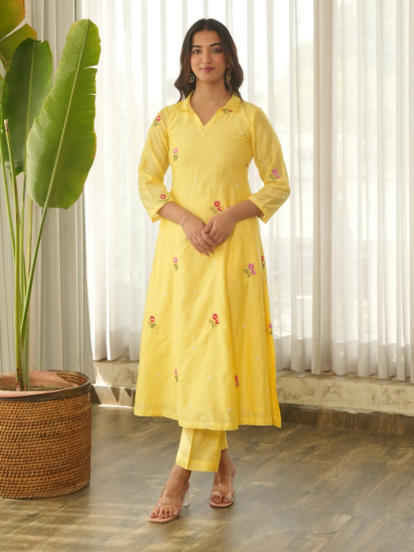 Lemon Yellow Embroidered Chanderi Kurta Set with Pants