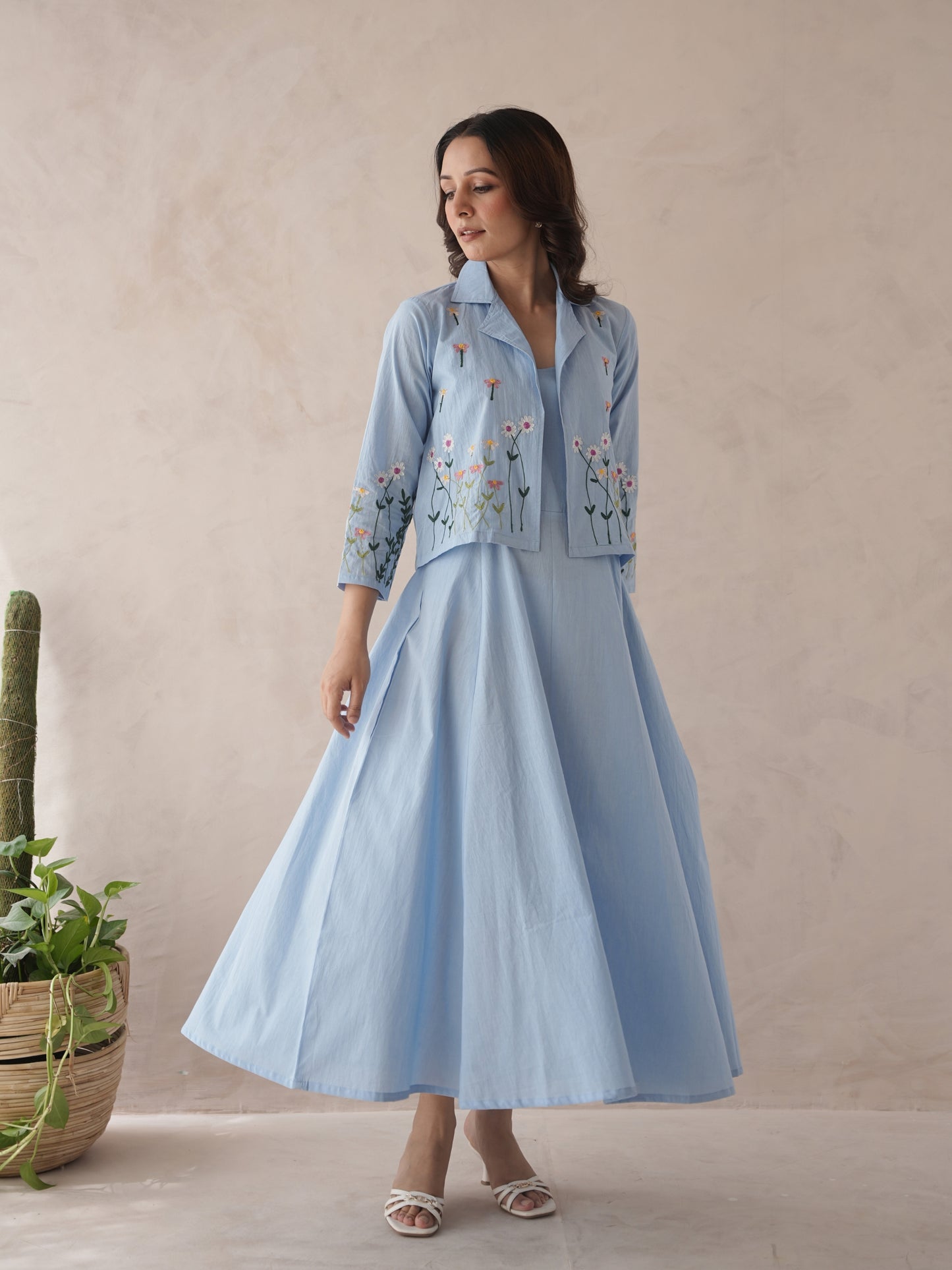 Liliah baby blue embroidery cotton cotton jacket dress