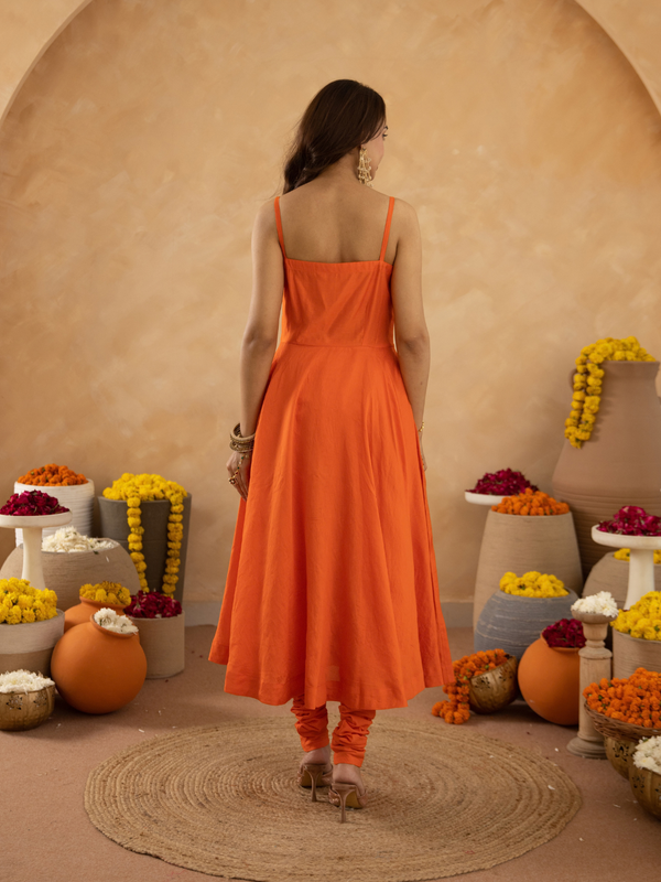 Orange Chanderi Anarkali with Aari Work & Sequin Embellished  Dupatta