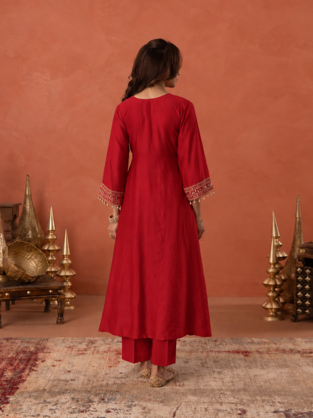 Red Chanderi Mirrorwork A- Line Kurta Set
