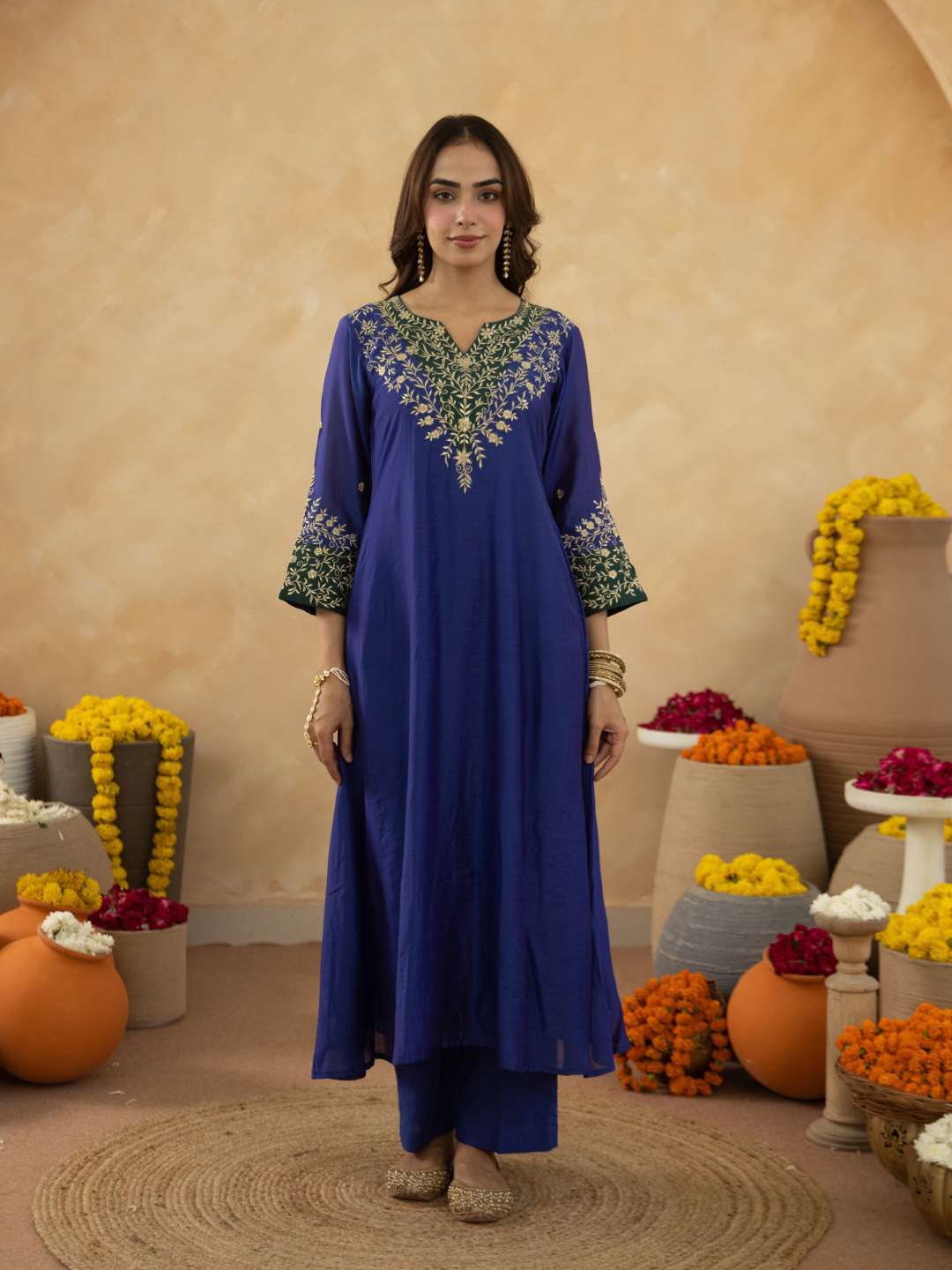 Royal Blue Zari Embroidered A-Line kurta with Dupatta
