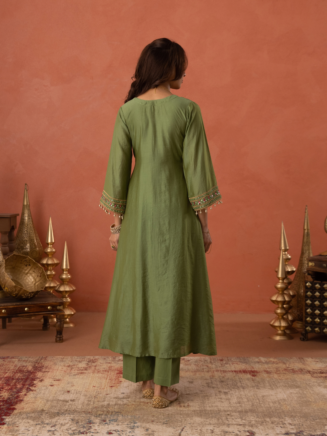 Olive Green Chanderi Mirrorwork A- Line Kurta Set