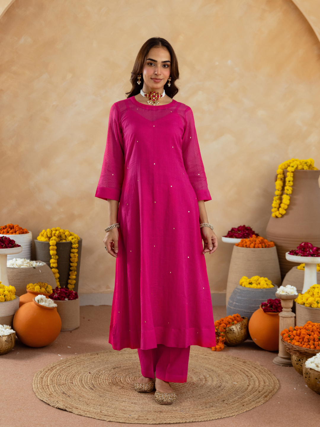 Fuchsia Pink Doria Hand Embroidered A- Line Kurta  Set