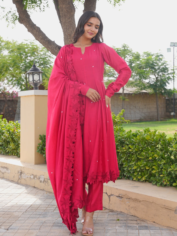 Ruby Bloom Floral Aari Work Chanderi Kurta Set