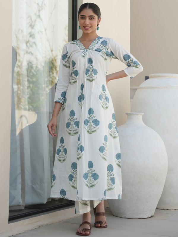 TUDOR WHITE COTTON BLOCK PRINT SUIT SET