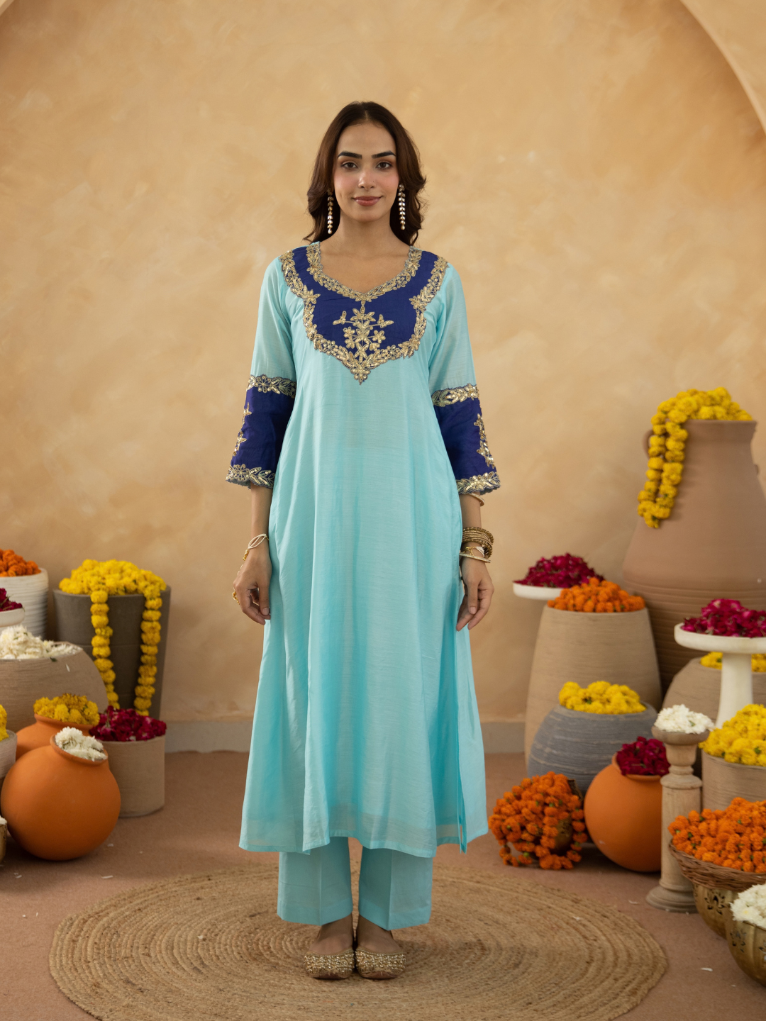 Sky Blue Chanderi A-Line Kurta Set with Handwork Detailing &  Organza Dupatta
