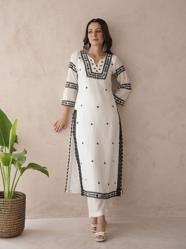 Sakura white embroidery maslin kurta set