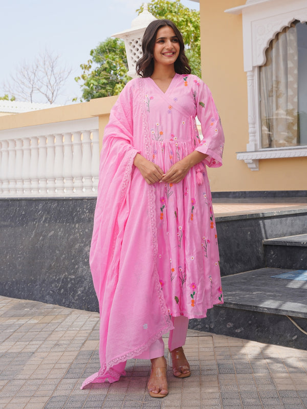 Pink Daisy Chanderi Angrakha Kurta Set