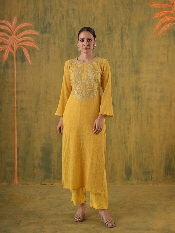 Rani Hansika Mustard Crushed Embroidered Straight Set