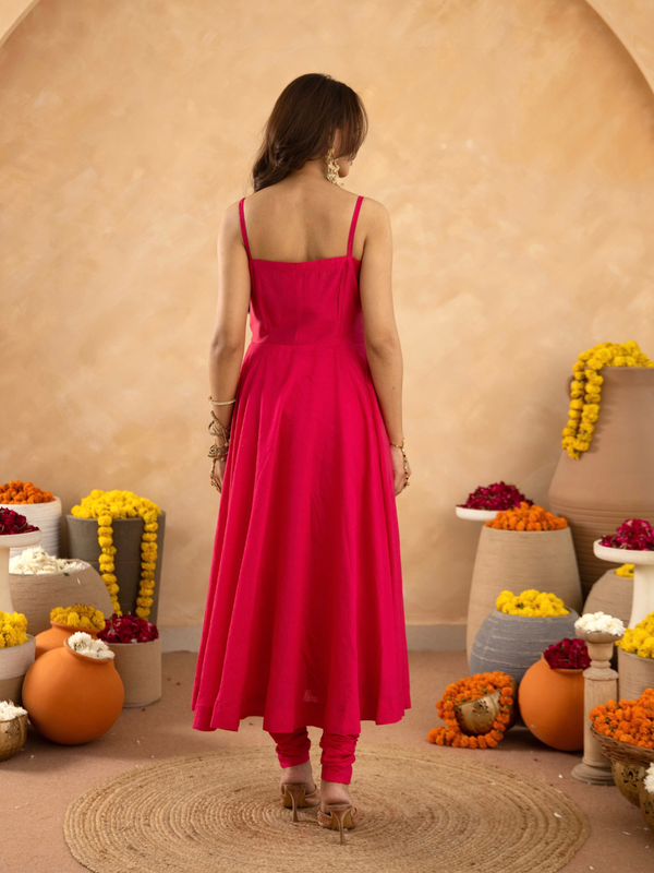 Fuchsia Chanderi Anarkali with Aari Work & Sequin Embellished  Dupatta
