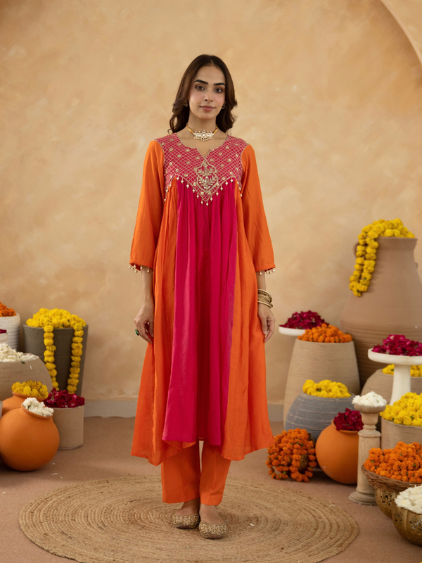 Orange Chanderi Aari & Handwork Gathered Kurta Set