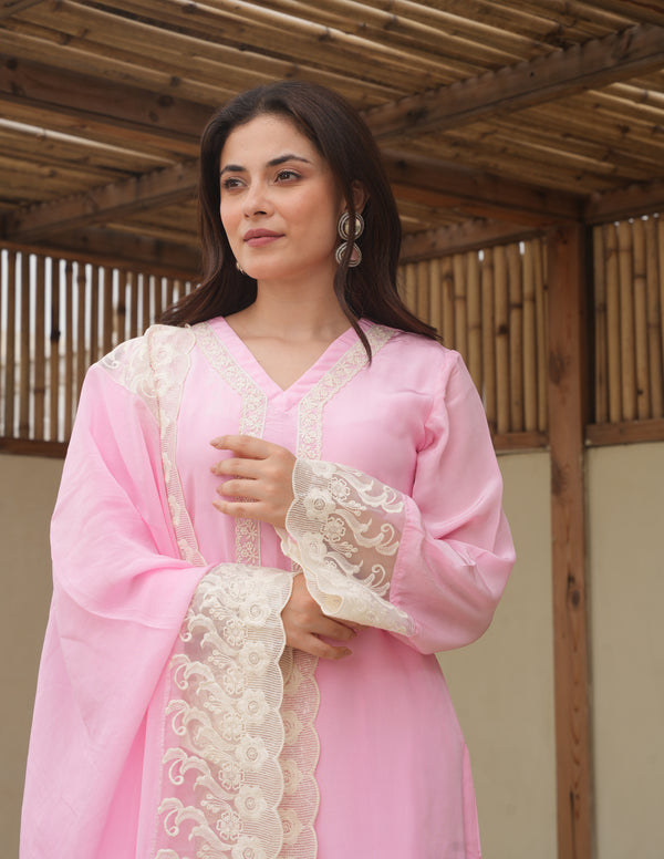 Ella Baby Pink Silk Straight Suit Set