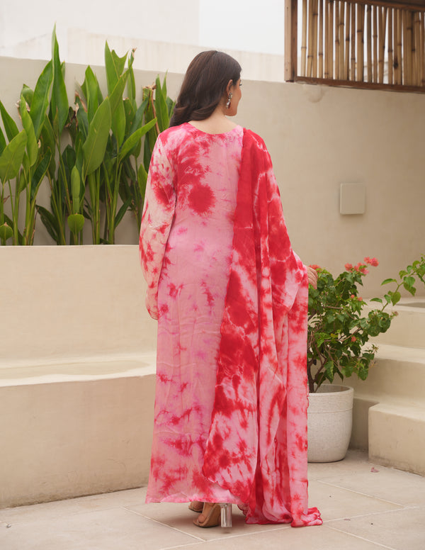 Red Silk Shibori Mirror  Work Staright Suit Set