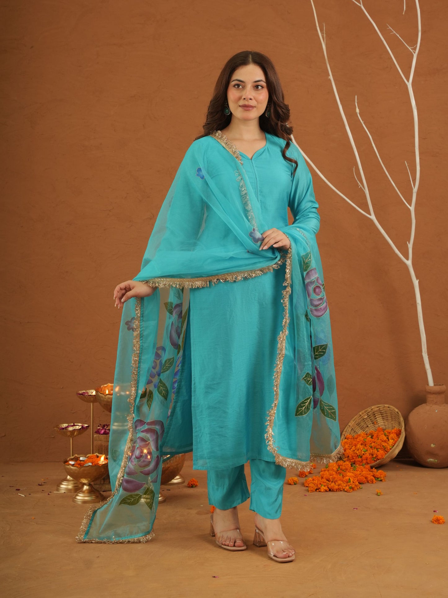 Mayaaz Sky Chanderi With Handpaint Dupatta