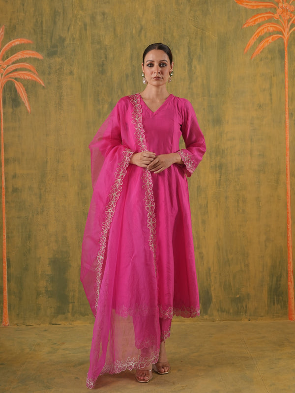 Roohani Pink Chanderi Floral Cutwork Suit Set