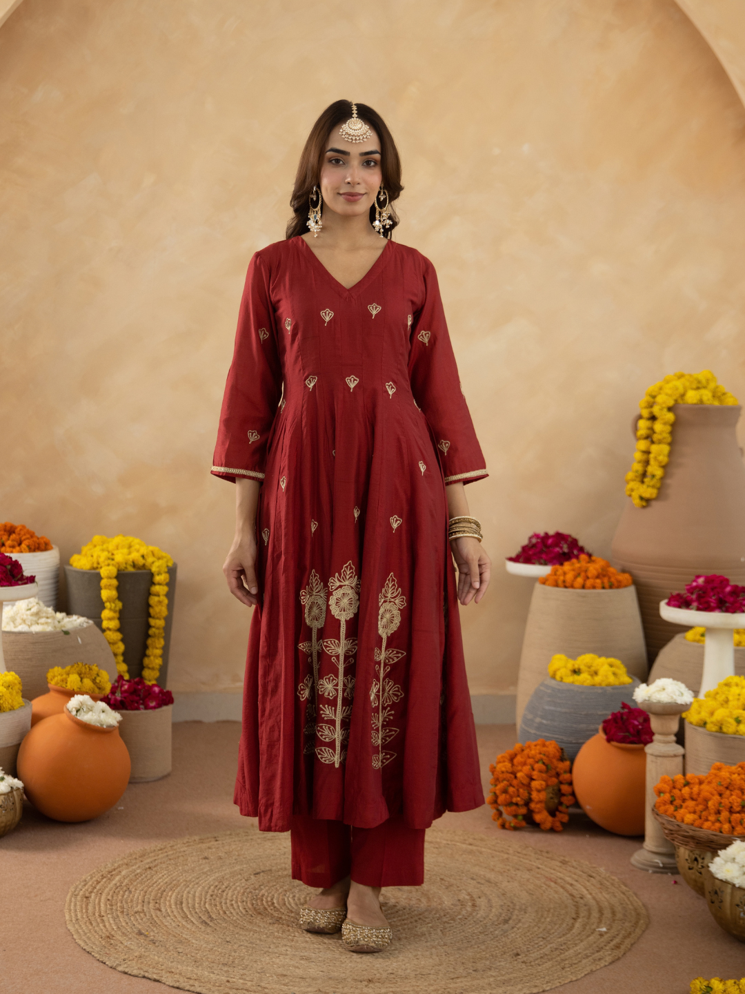 Maroon Floral Aari Embroidered Anarkali Set