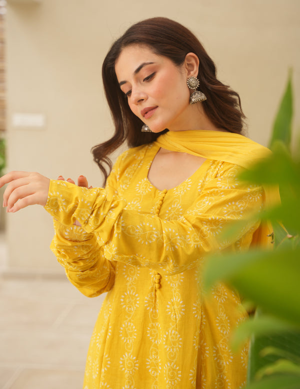 Yellow Block Print Cotton Suit Set