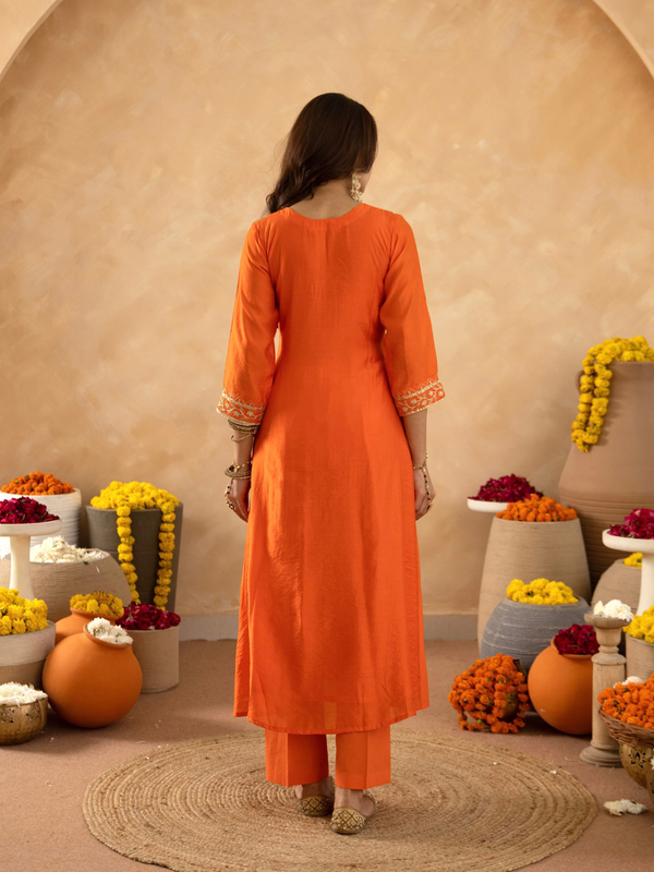 Rust Brown Chanderi A- Line Suit with Aari and Sequnce Work  Detailing