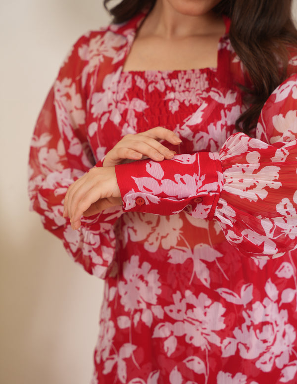 Cora Red Chiffon Kurta Set With Smocked Blouse