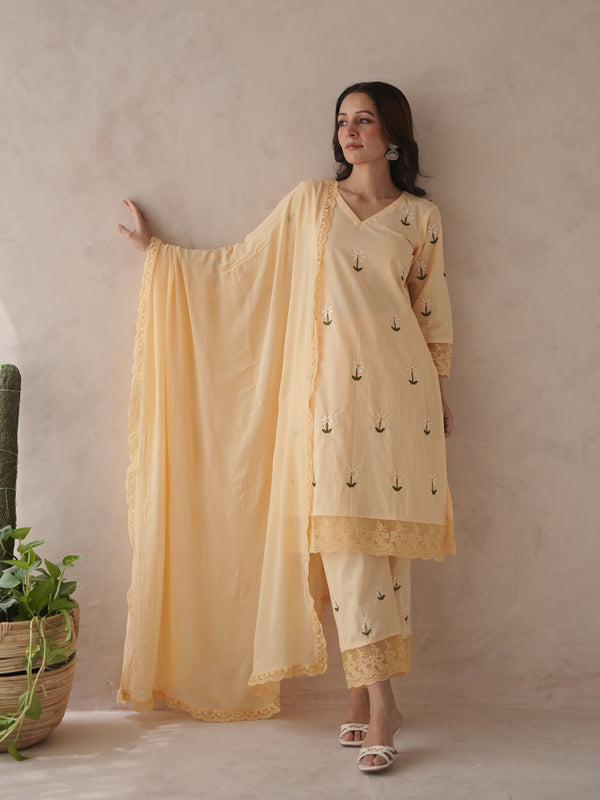 Rosabelle yellow rose embroidery cotton suit set