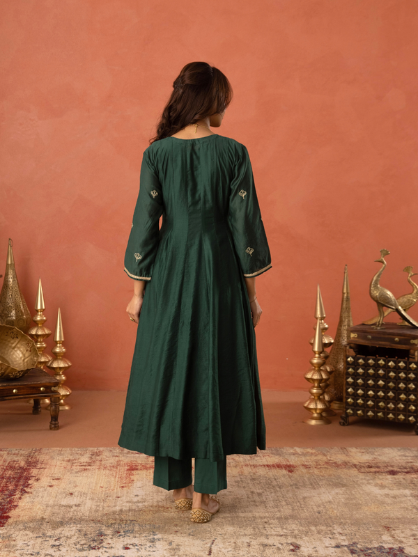 Bottle Green Floral Aari Embroidered Anarkali Set