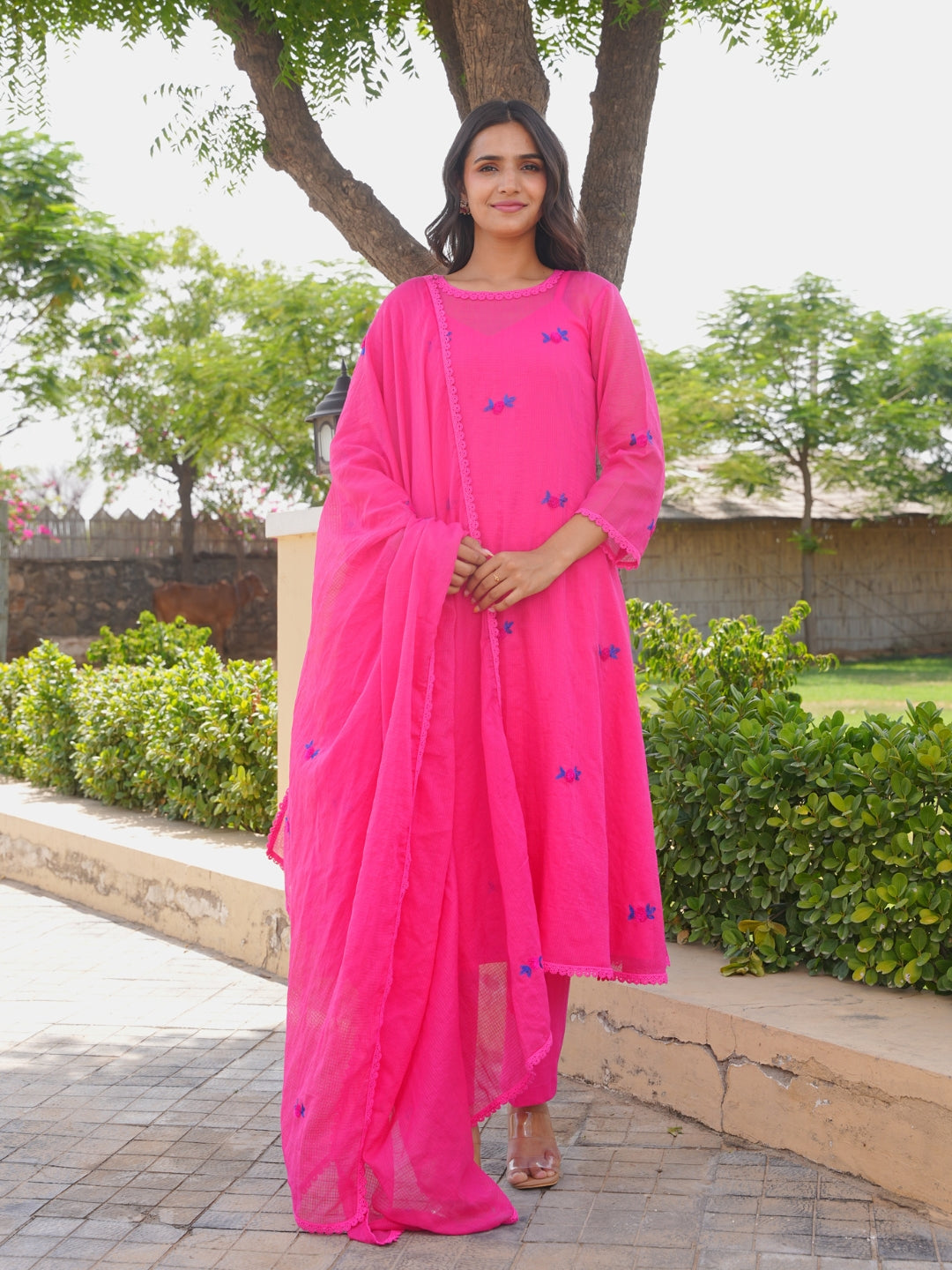 Pink Fuchsia Bloom Doria Aari Kurta Set