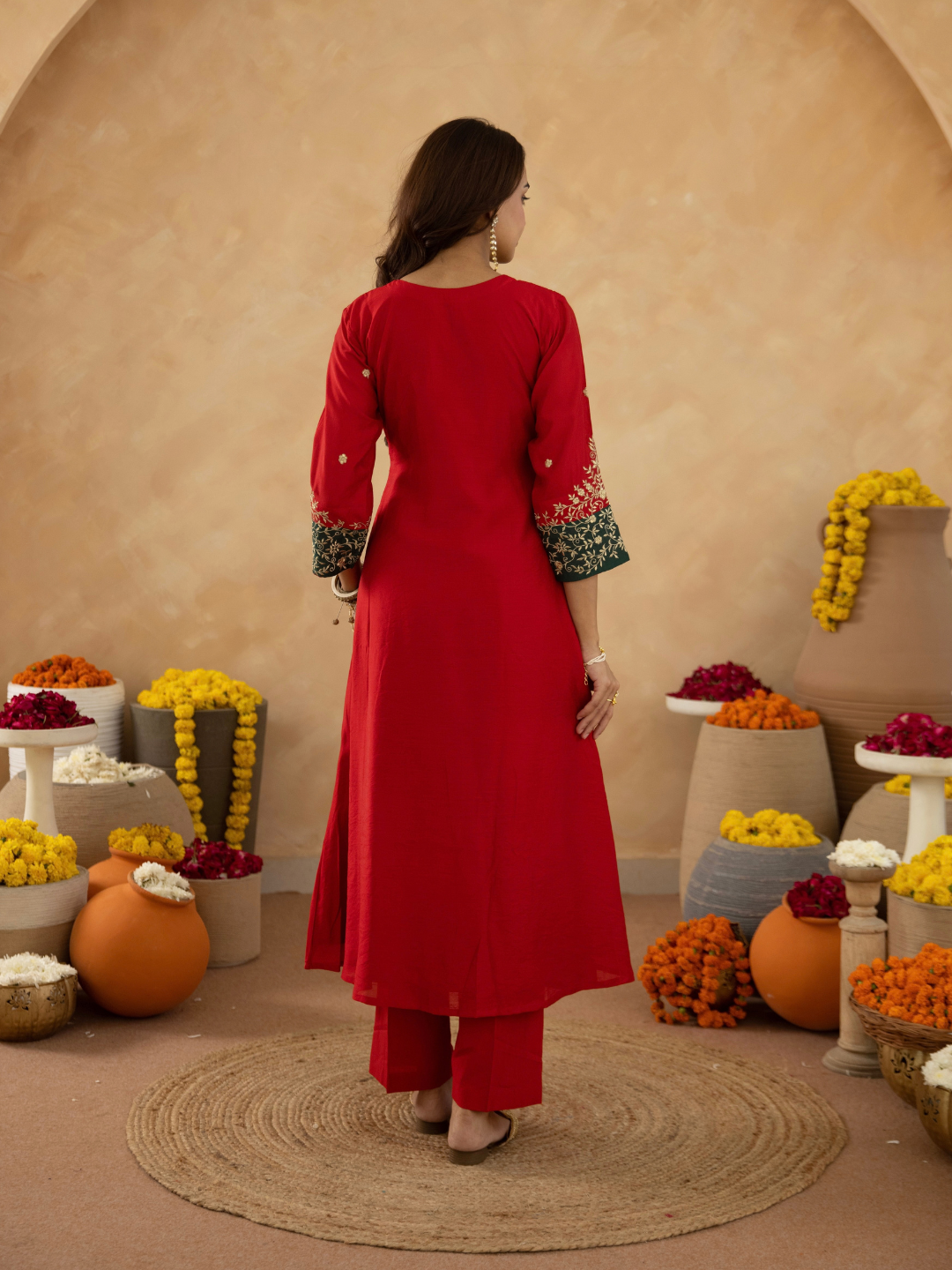 Red Zari Embroidered A-Line kurta with Dupatta