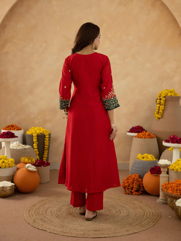 Red Zari Embroidered A-Line kurta with Dupatta