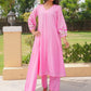 Pink Petal Floral Aari Work Chanderi Kurta Set