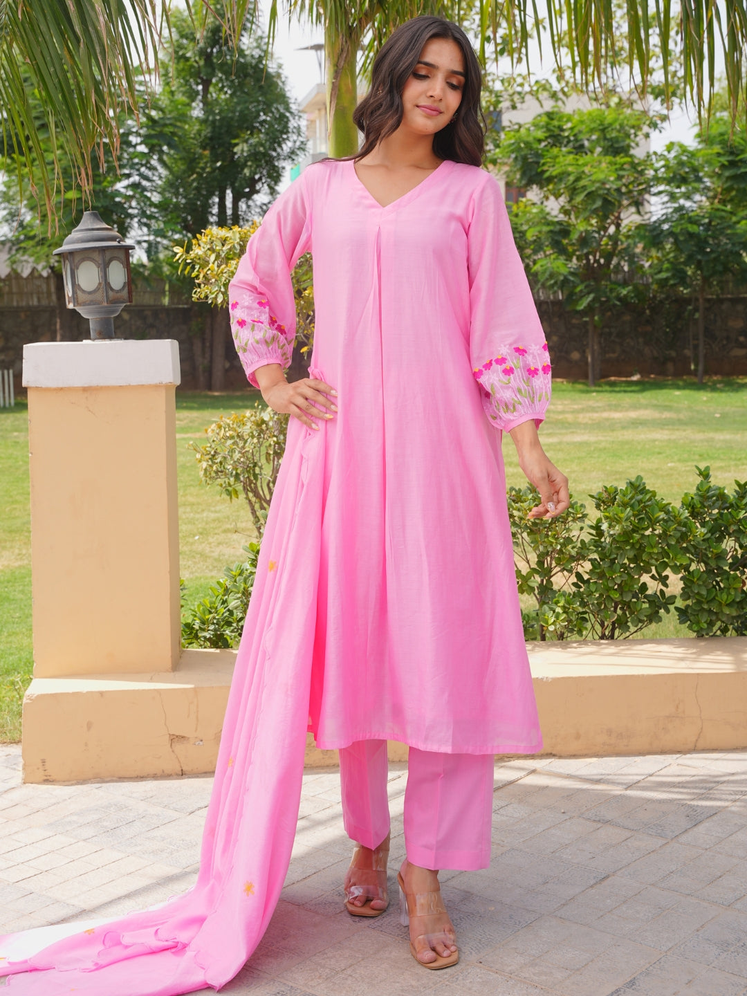 Pink Petal Floral Aari Work Chanderi Kurta Set