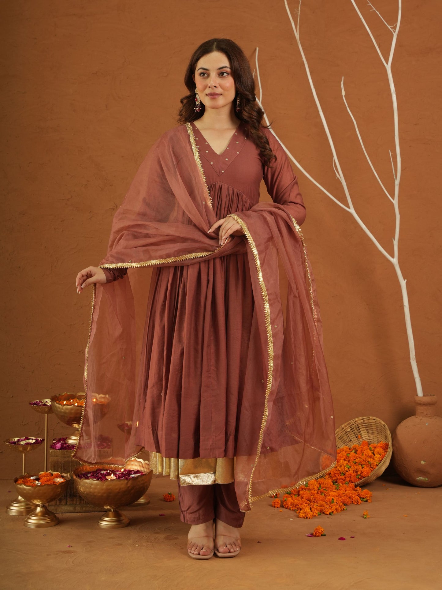 Zariya Brown Chanderi Gota Suit Set
