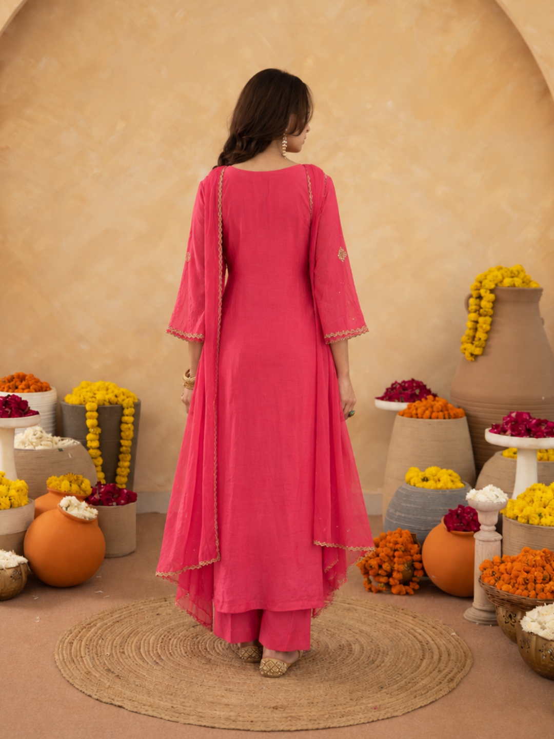 Salmon Pink Aari Handwork Chanderi A-Line Kurta set