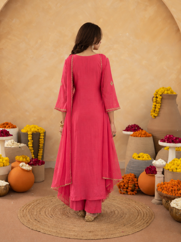 Salmon Pink Aari Handwork Chanderi A-Line Kurta set