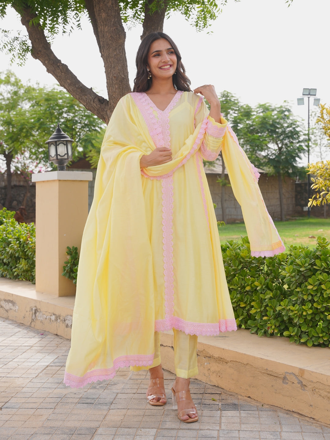 Pastel Yellow Chanderi Lace Work Kurta Set