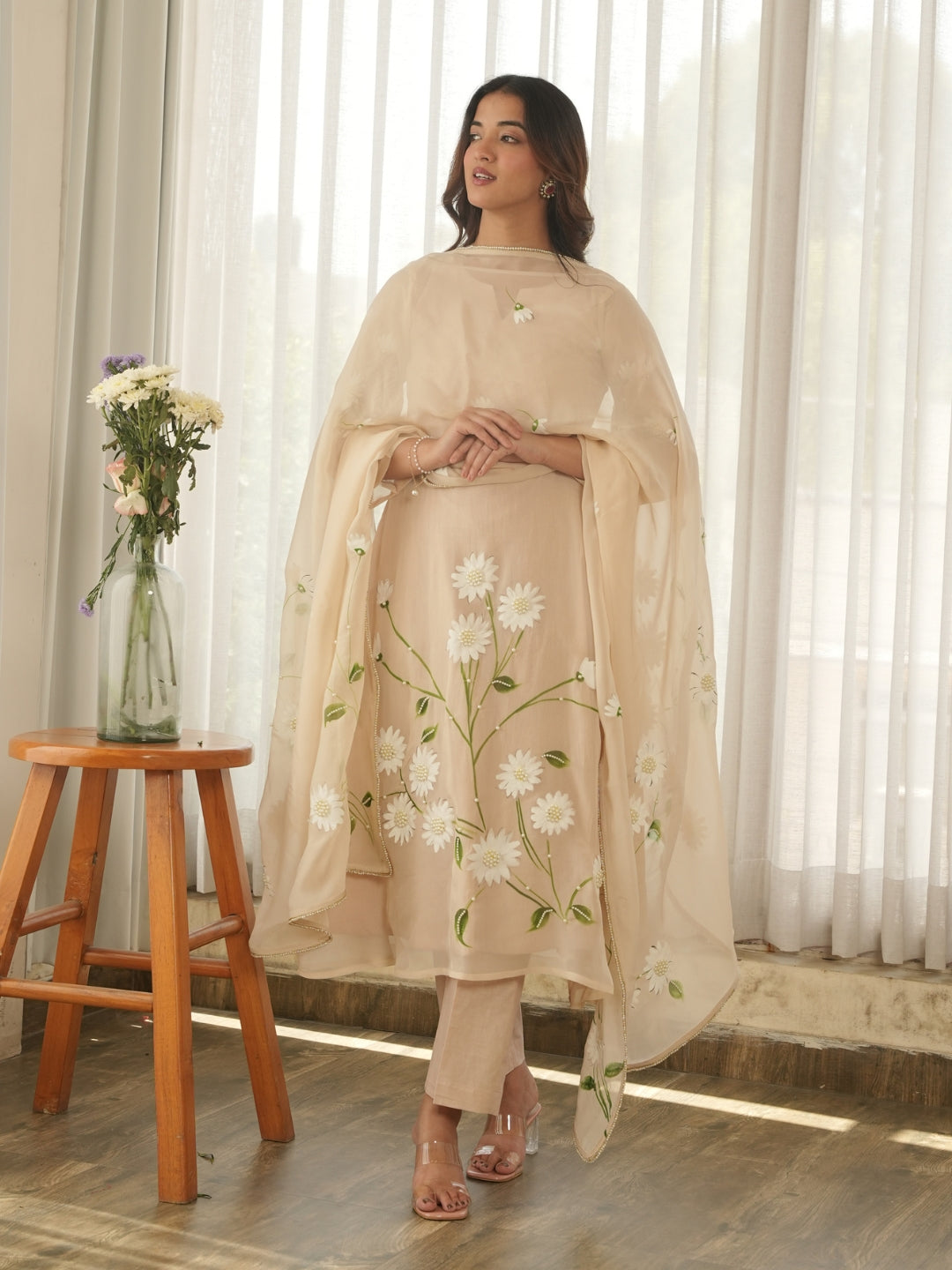 Ivory Beige Hand Paint Soft Organza Suit Set