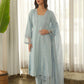 Powder Blue Schiffli Cotton Kurta Set with Pants & Organza Dupatta