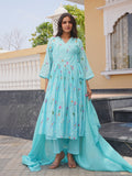 Aqua Blossom Chanderi Angrakha Kurta Set