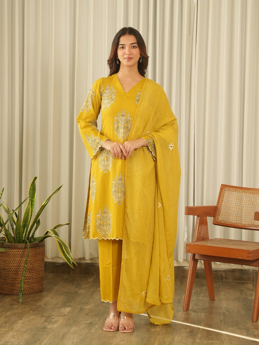 Mustard Bloom Screen Print Cotton Suit Set