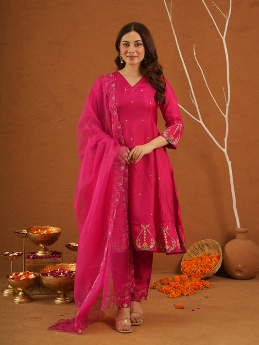 Sunehri Pink Silk Aariwork Suit Set