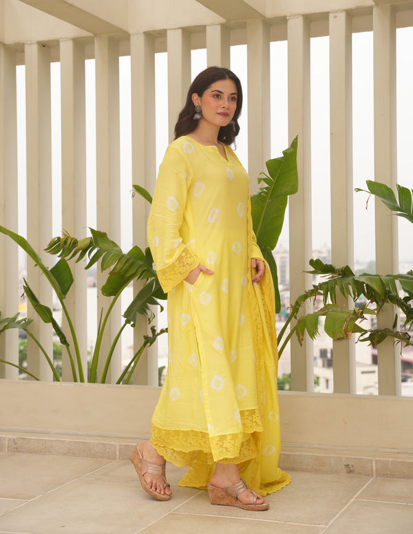 Yellow Maslin Bandhej Suit Set
