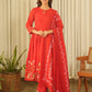 Red Chanderi Aari Embroidery Kurta Set with Pant & Dupatta